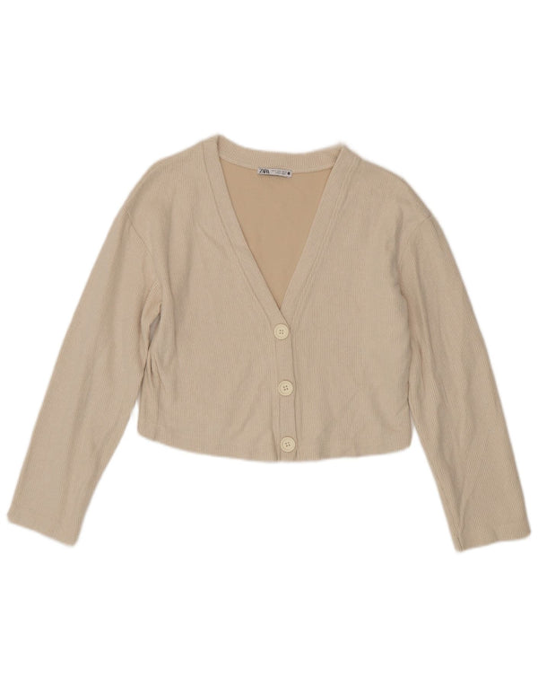 Zara Damen Crop Cardigan Pullover UK 10 Small Beige Baumwolle