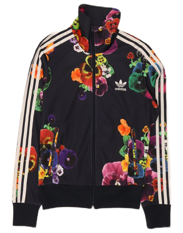 Adidas Damen Grafik-Trainingsanzug-Oberteiljacke UK 10 Small Marineblau mit Blumenmuster