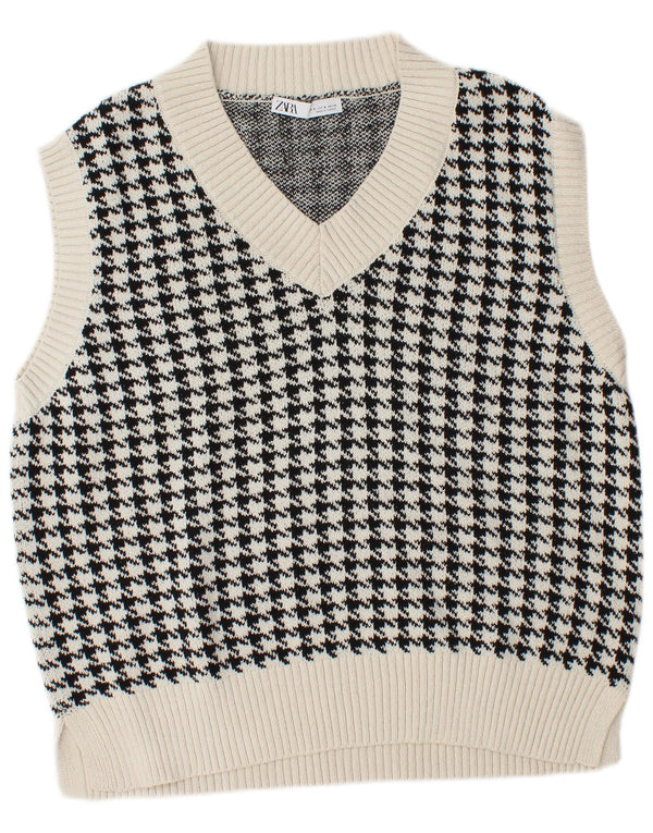 Zara Damen-Oversize-Weste-Tanktop UK 14 Mittelweiße Hahnentritt-Baumwolle