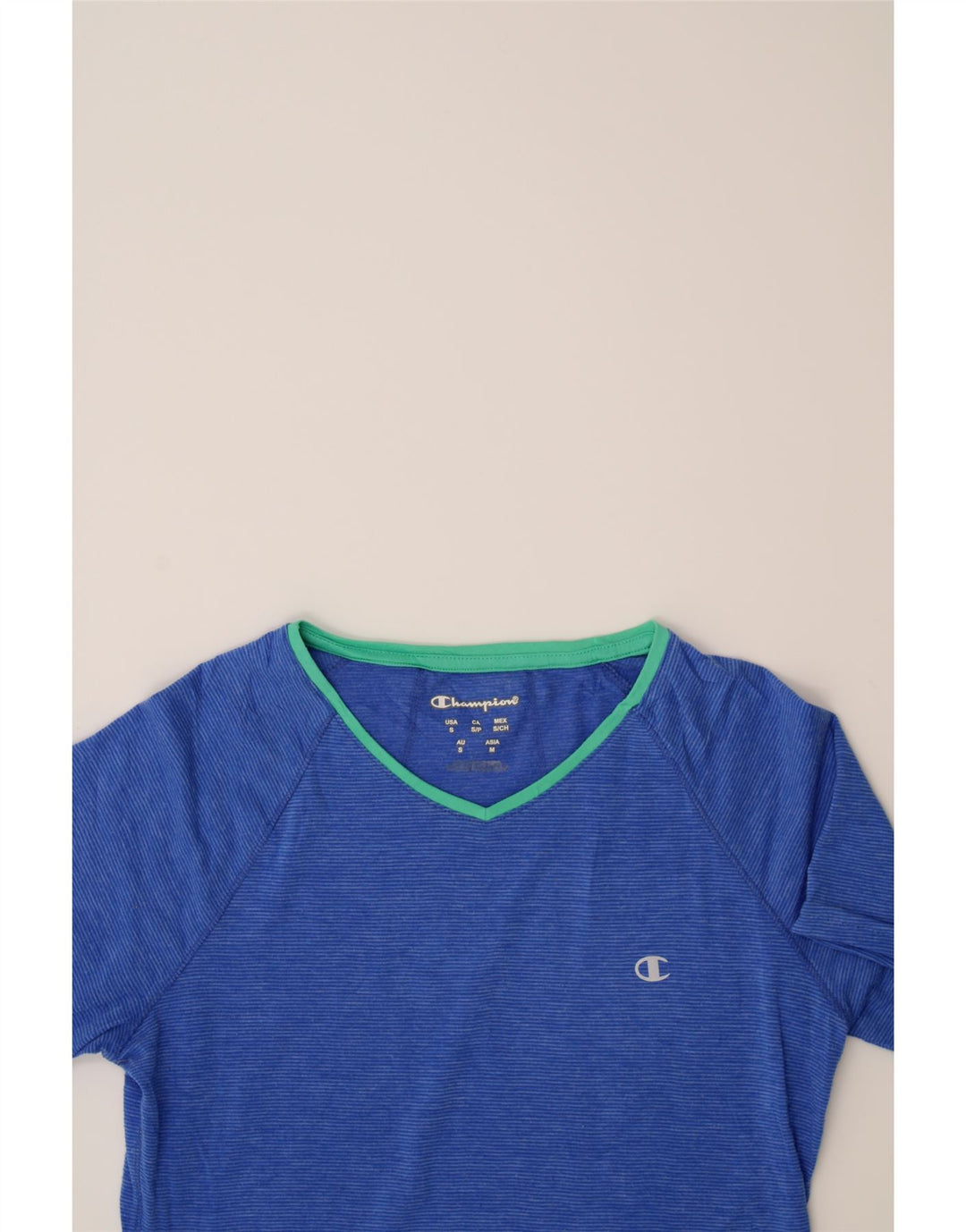 CHAMPION Womens T-Shirt Top UK 10 Small Blue Pinstripe Polyester Vintage Champion and Second-Hand Champion from Messina Hembry 