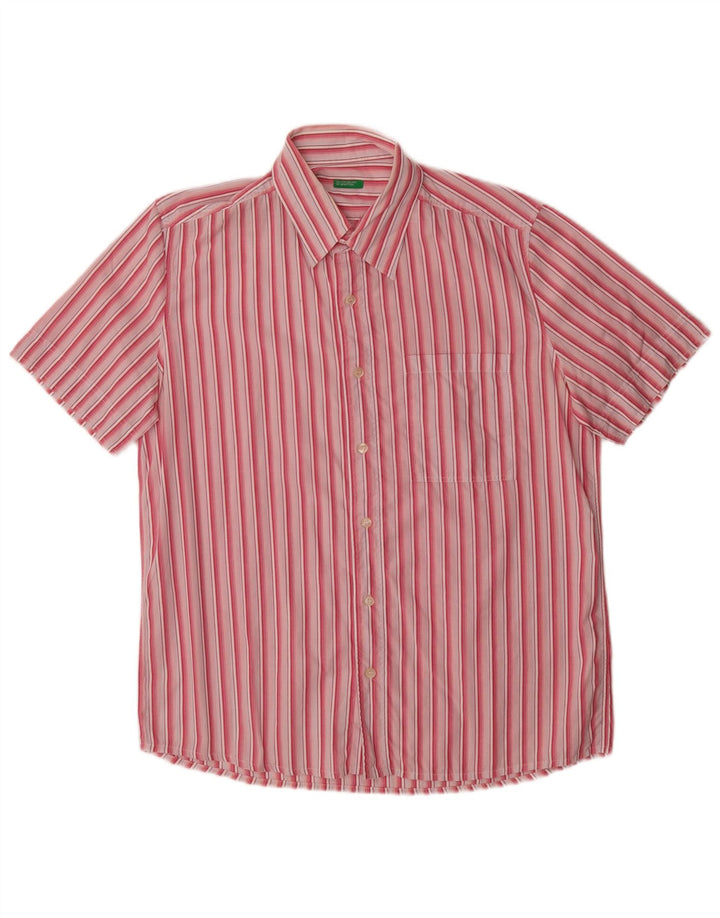 Benetton Herren-Kurzarmhemd, groß, rosa gestreift, Baumwolle