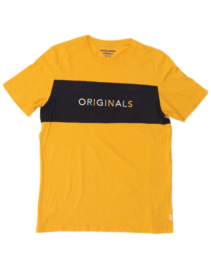 Jack & Jones Herren Grafik-T-Shirt-Oberteil aus mittelgelber Colourblock-Baumwolle