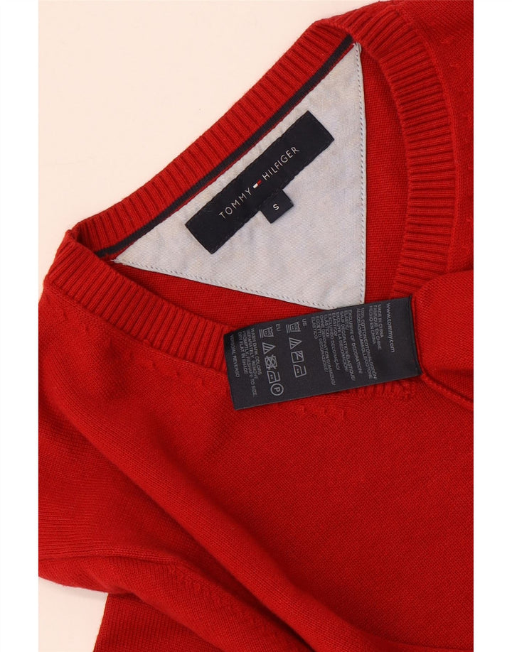 Tommy Hilfiger Herren-Pullover mit V-Ausschnitt, Größe S, rote Baumwolle