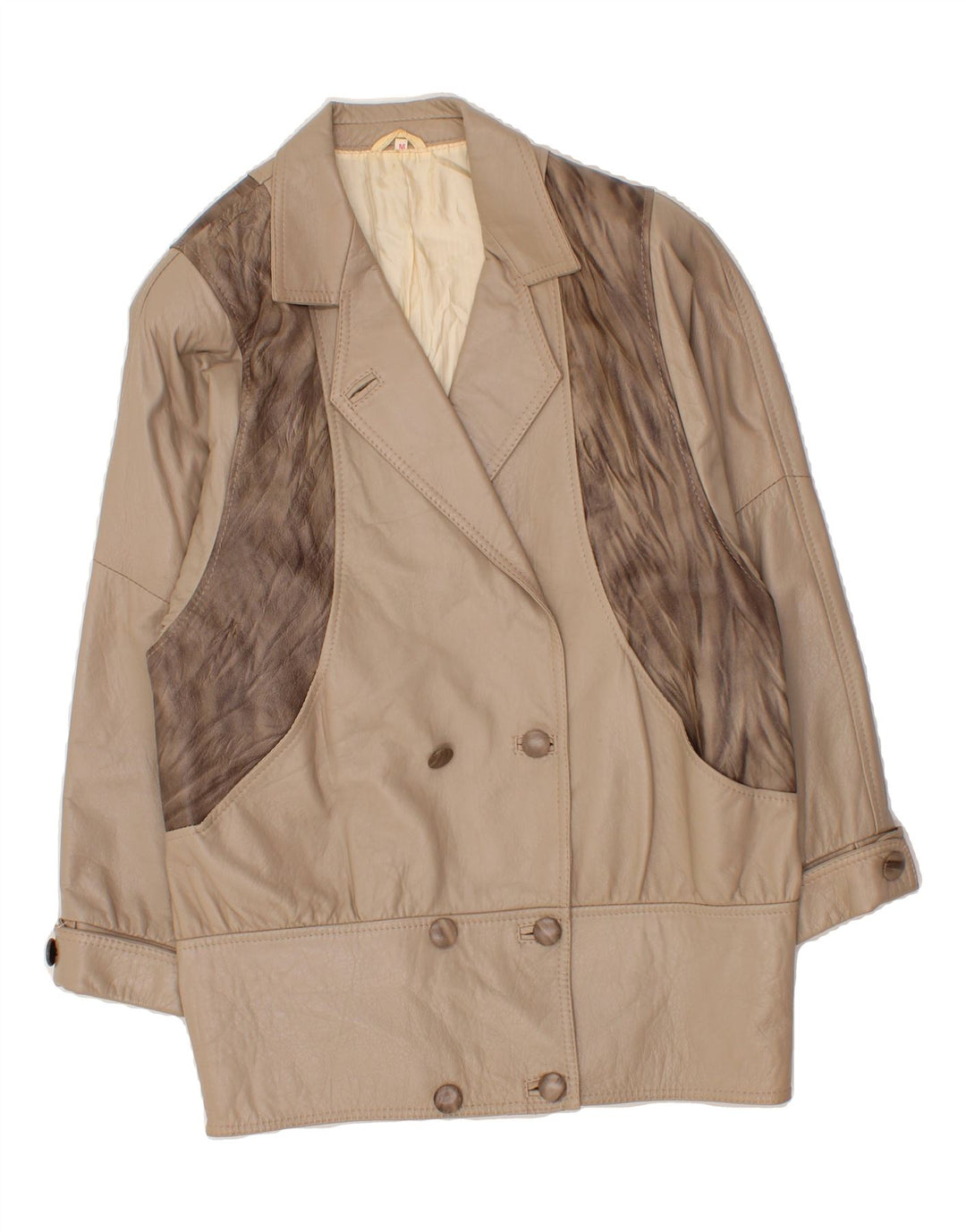 VINTAGE Womens Leather Jacket UK 14 Medium Beige Colourblock Leather Vintage Vintage and Second-Hand Vintage from Messina Hembry 