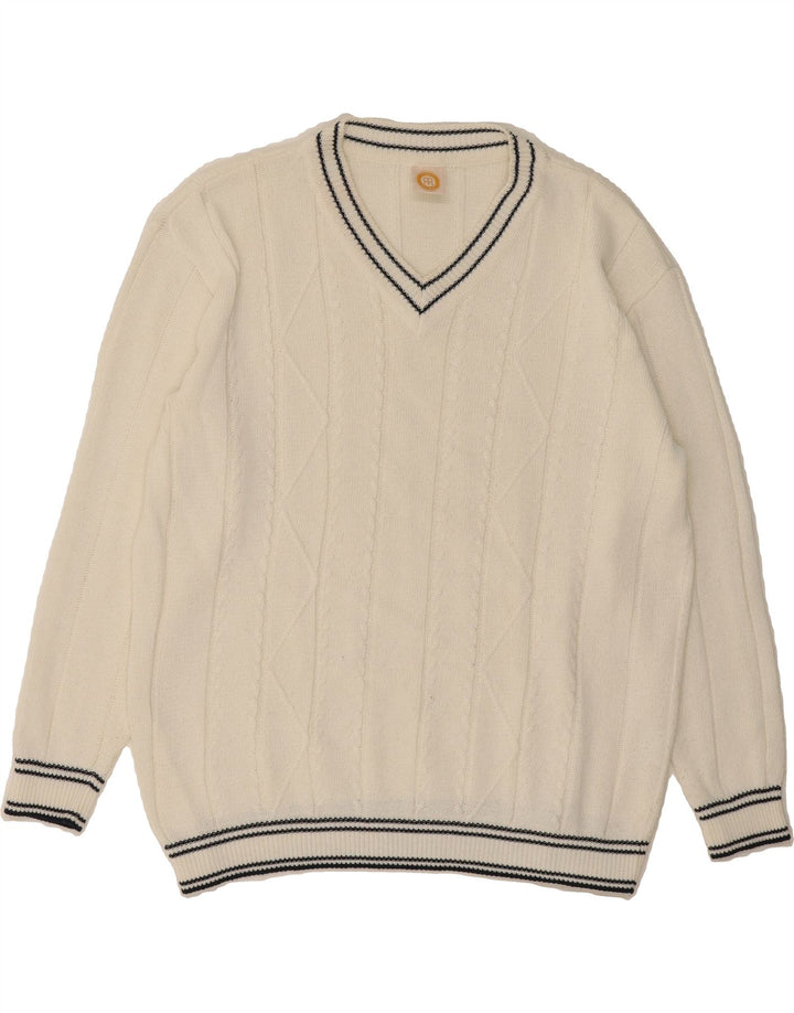 VINTAGE Womens V-Neck Jumper Sweater EU 42 Large White Polyacrylic Vintage Vintage and Second-Hand Vintage from Messina Hembry 