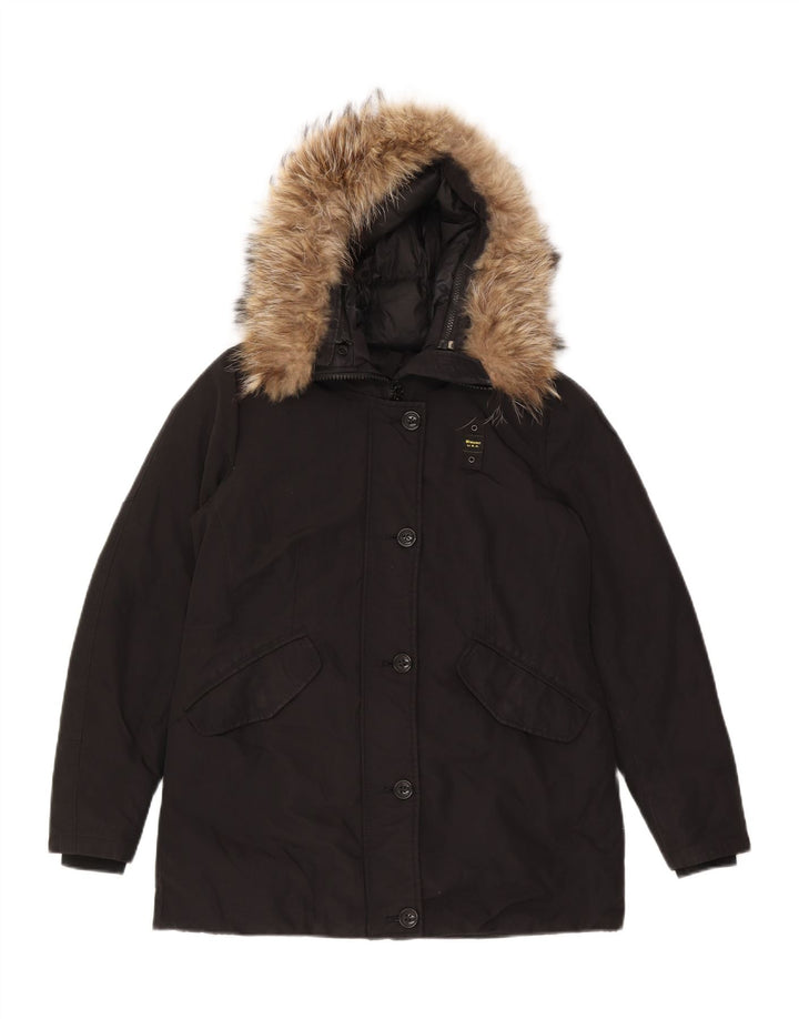 Blauer Damen-Kapuzen-Übergröße, wattierte Jacke, UK 10, Größe S, schwarze Baumwolle
