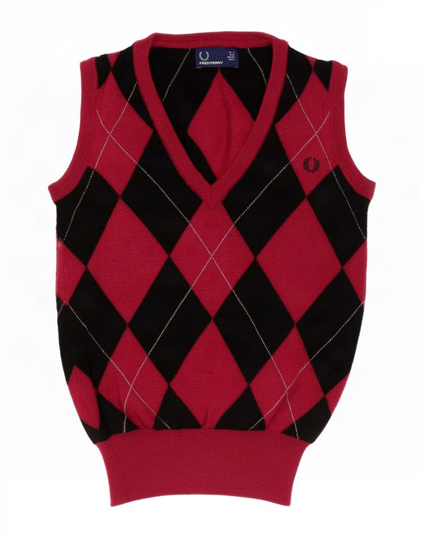 Fred Perry Damen Weste Tank Top UK 8 Small Red Argyle/Diamond Wool