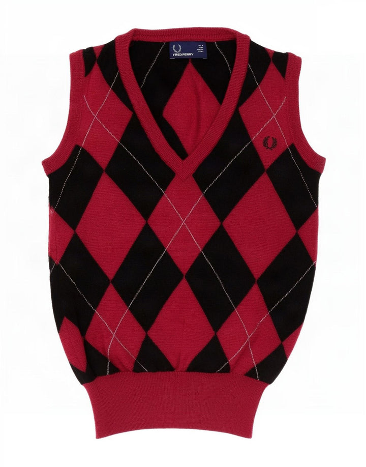 Fred Perry Damen Weste Tank Top UK 8 Small Red Argyle/Diamond Wool