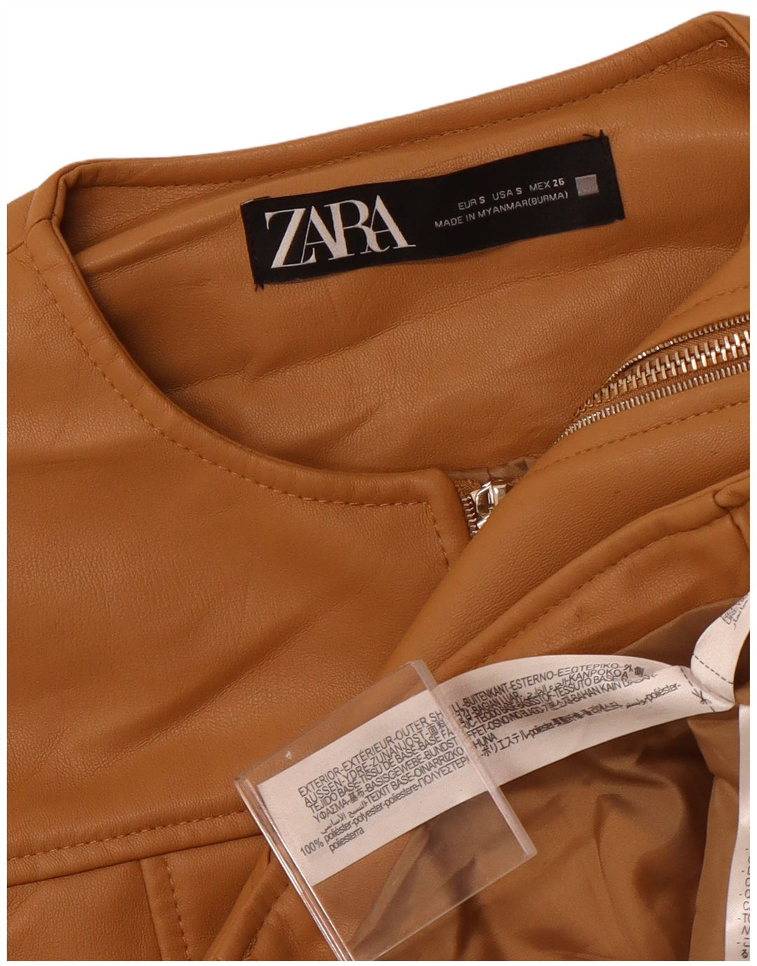 Zara Damen Crop Kunstlederjacke UK 10 Small Beige Polyester