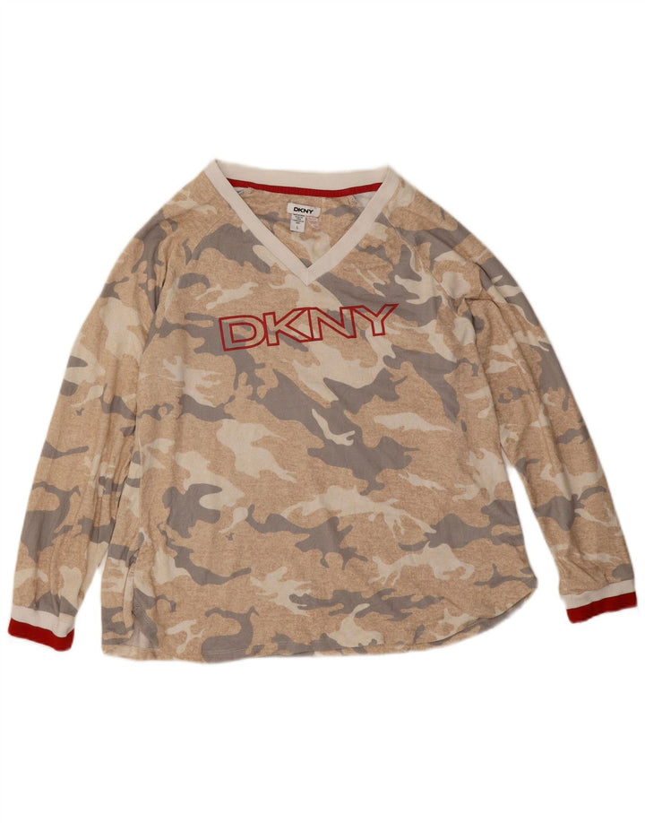 Dkny Womens Graphic Top Langarm UK 16 Large Beige Camouflage Polyester