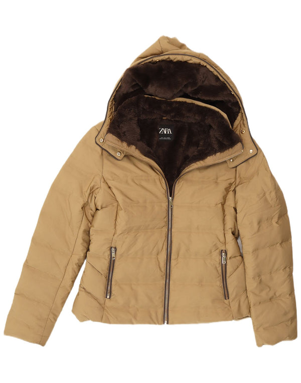 Zara Damen Sherpa-Daunenjacke mit Kapuze, UK 16, Groß, Beige