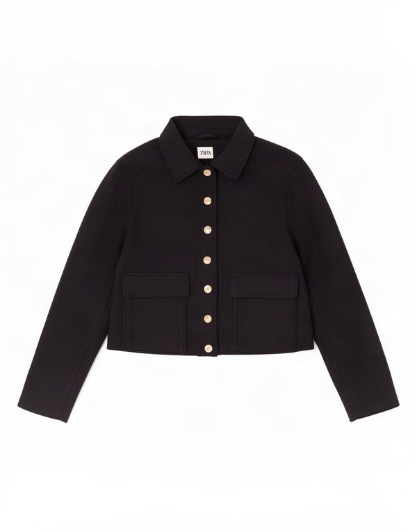 Zara Damen Crop Bomberjacke UK 10 Small Marineblau Polyester
