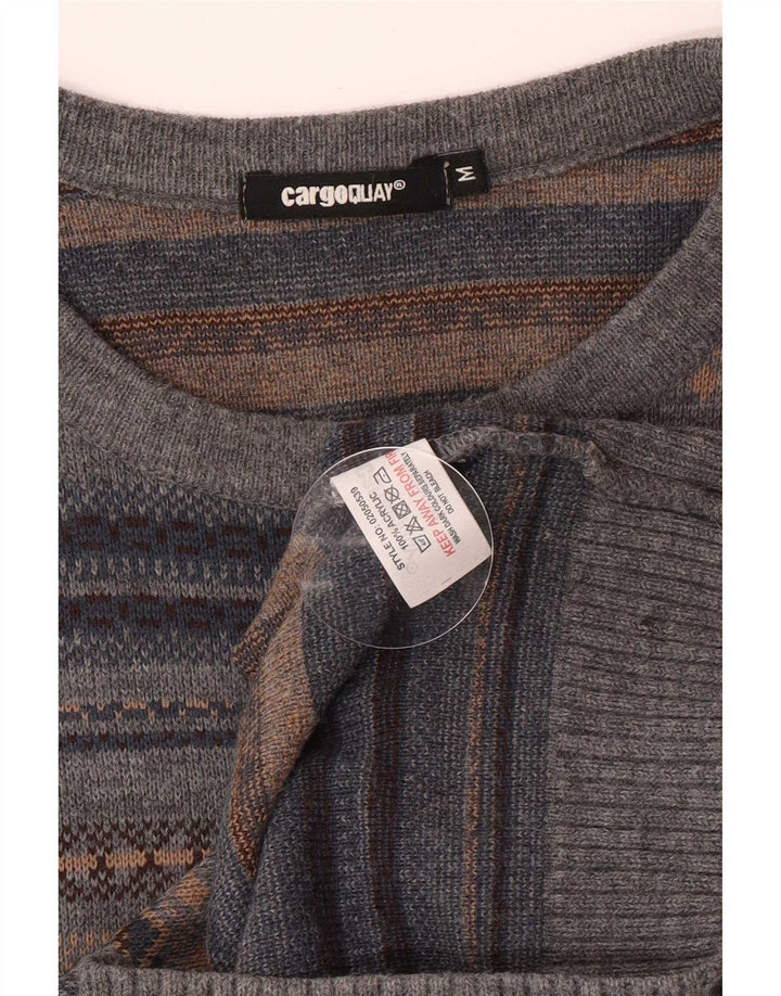 Vintage Herren-Pullover mit U-Boot-Ausschnitt, Mittelgrau, Fair-Isle-Acryl