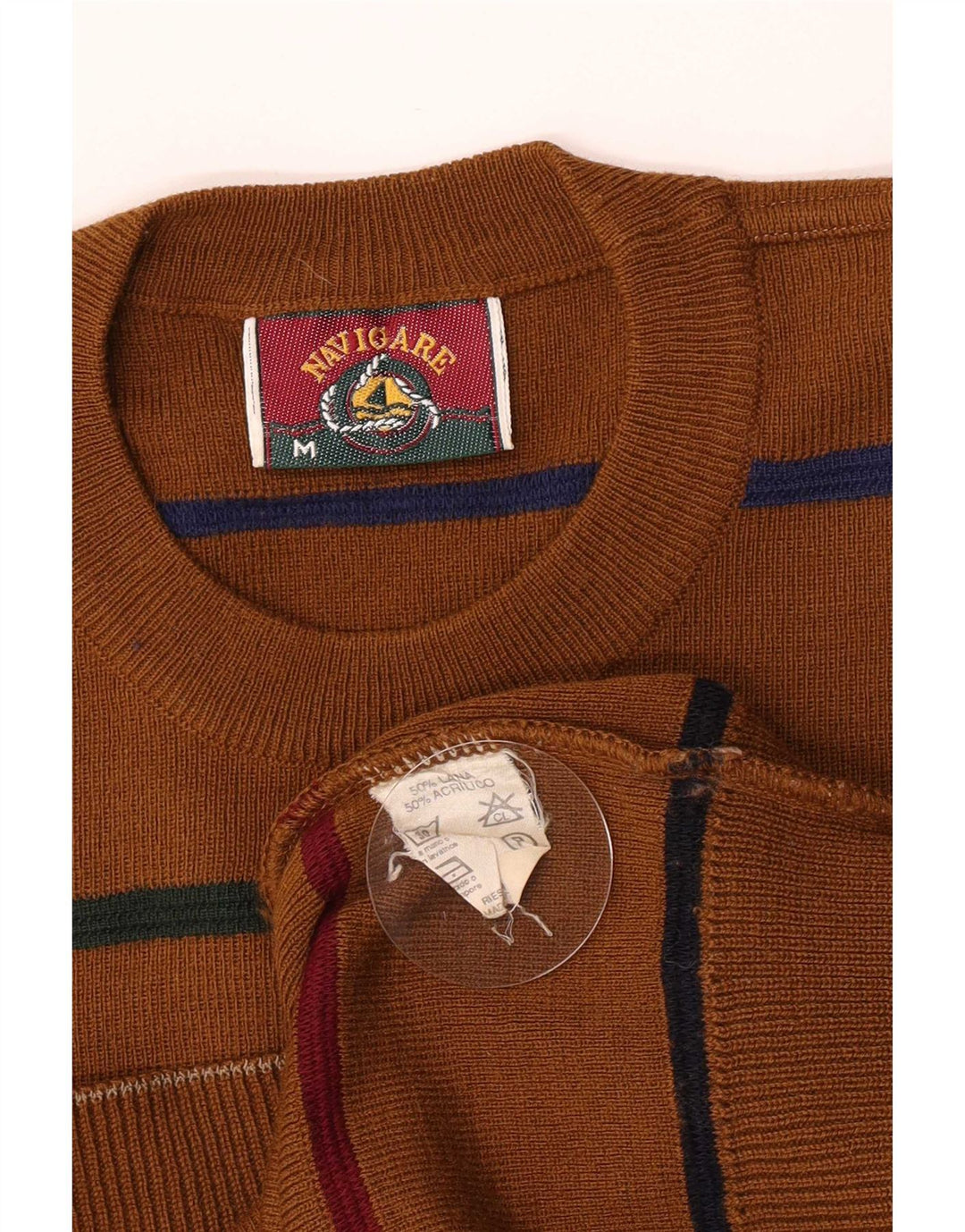 Navigare Herren-Pullover mit Rundhalsausschnitt, mittelbraun, gestreift, Wolle