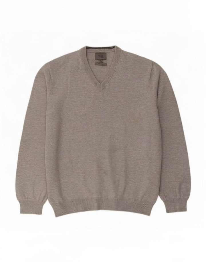 Marks & Spencer Herren-Pullover mit V-Ausschnitt, groß, grau gefleckte Baumwolle