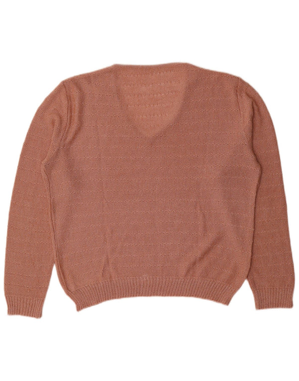 Vintage Damen V-Ausschnitt Pullover Pullover UK 16 Groß Rosa gestreift