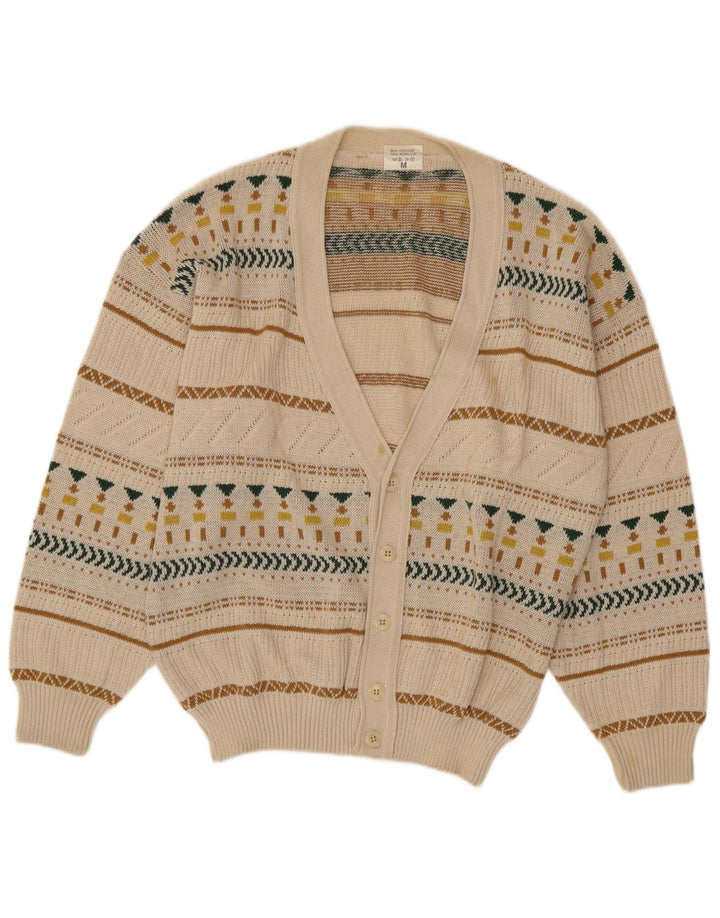 VINTAGE Herren-Cardigan-Pullover aus mittelbeiger Fair-Isle-Baumwolle