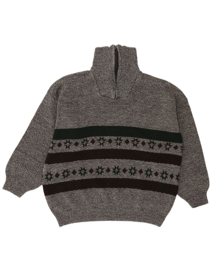 VINTAGE Herren Pullover mit Reißverschluss am Hals, groß, grau gestreift
