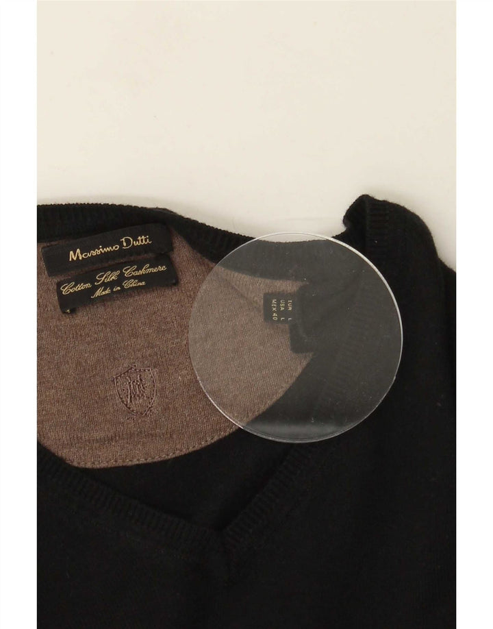 Massimo Dutti Herren-Pullover mit V-Ausschnitt, groß, aus schwarzer Baumwolle