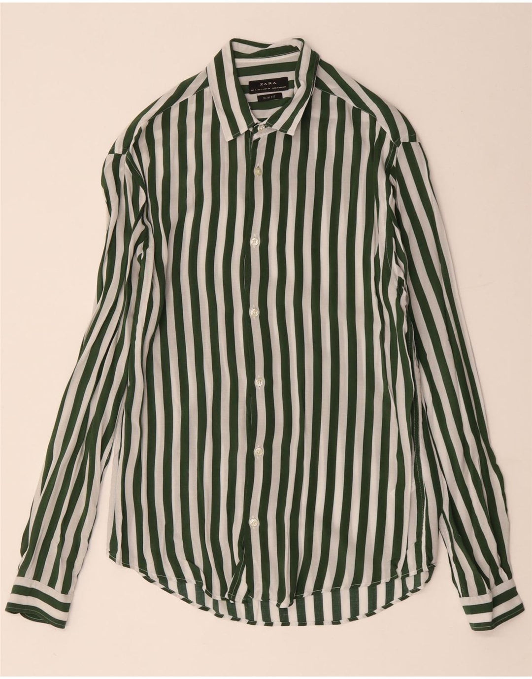 ZARA Herren-Slim-Fit-Hemd, klein, grün gestreift, Viskose