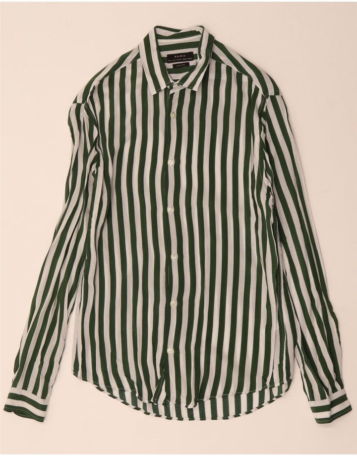 ZARA Herren-Slim-Fit-Hemd, klein, grün gestreift, Viskose