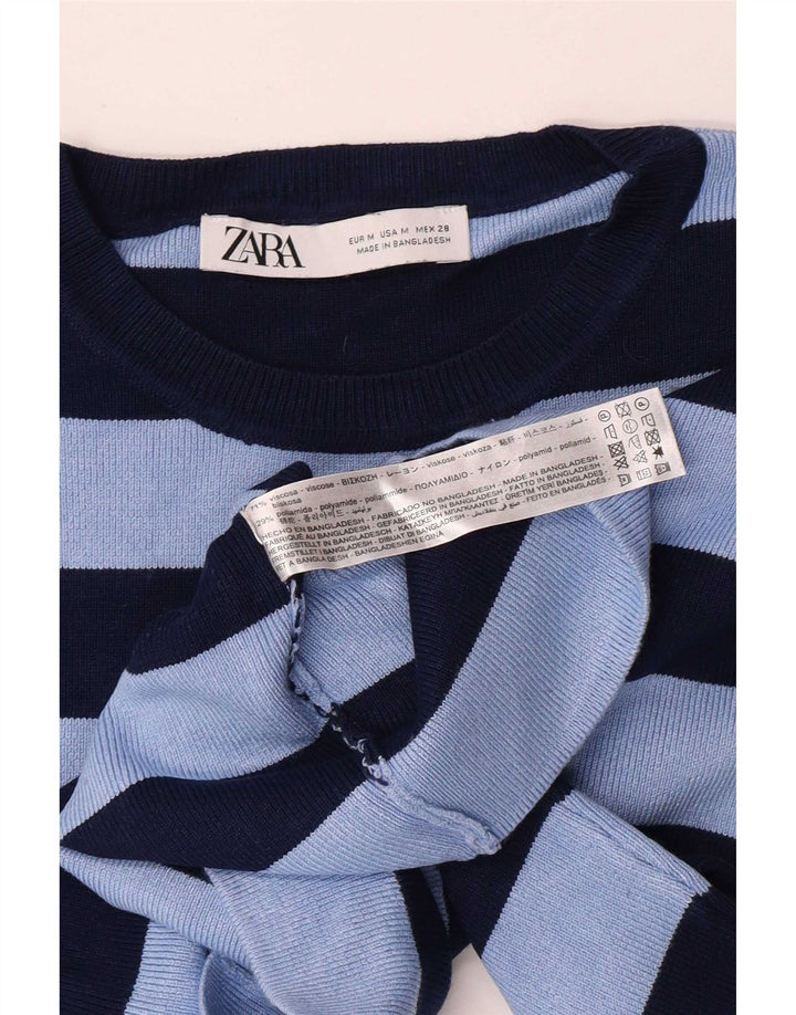 Zara Damen Crop Bluse Top UK 12 Mittelblau gestreift Viskose