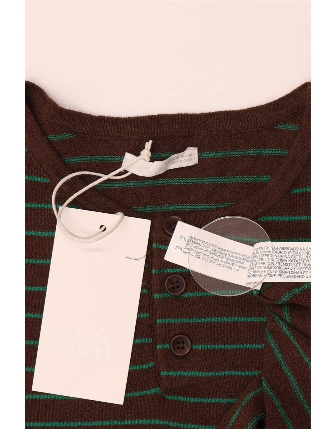 Zara Herren T-Shirt-Oberteil aus mittelbraun gestreifter Baumwolle