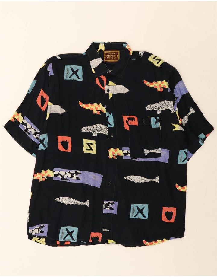 Cotton Club Herren-Hemd mit abstraktem Muster, kurzärmelig, groß, schwarze Viskose