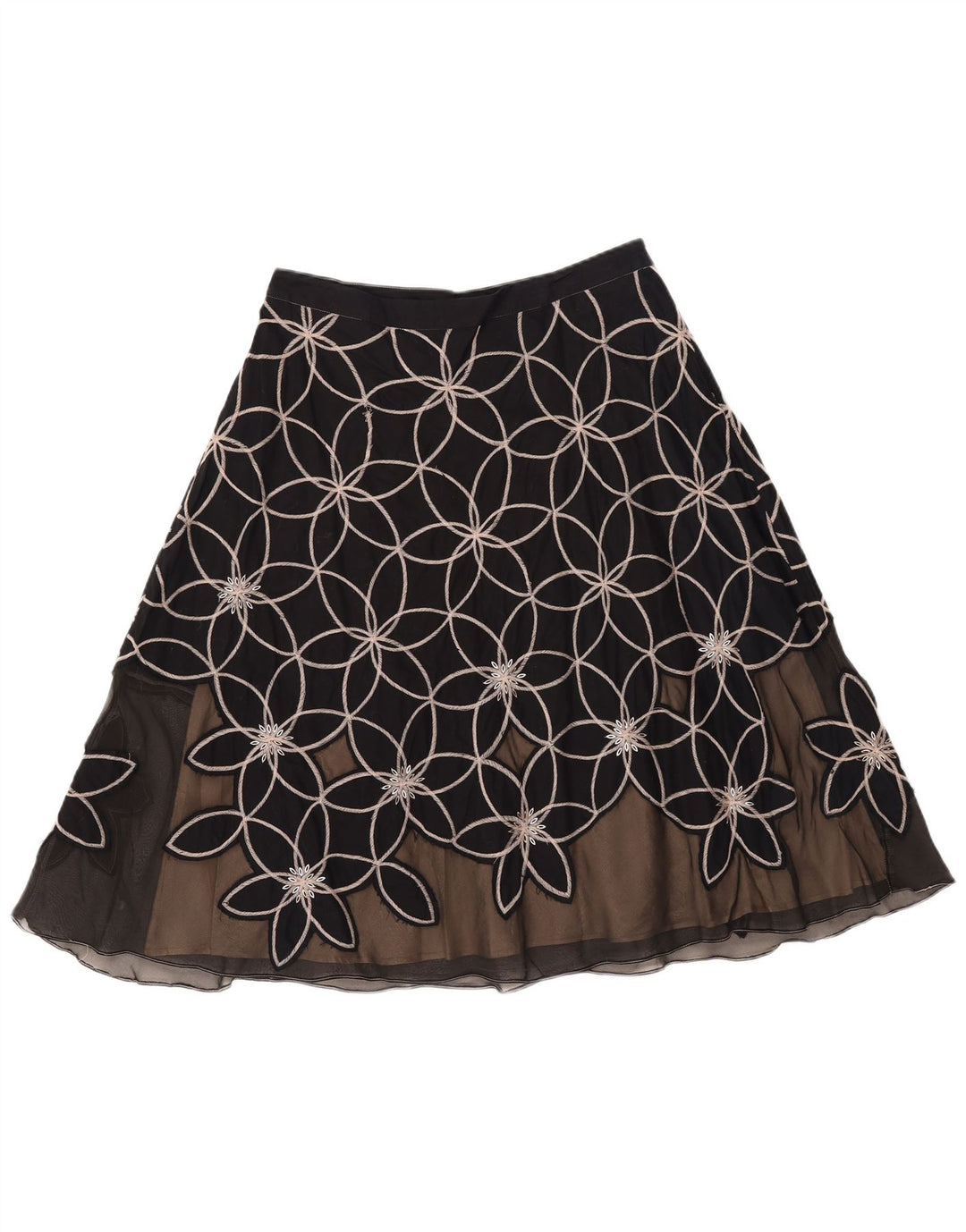 MONSOON Damen A-Linien-Rock UK 12 Medium W30 Schwarz geblümte Baumwolle