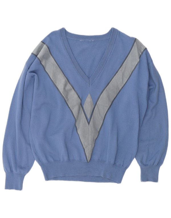 Vintage Damen Pullover mit V-Ausschnitt, übergroß, UK 18, XL, Blau, Farbblock