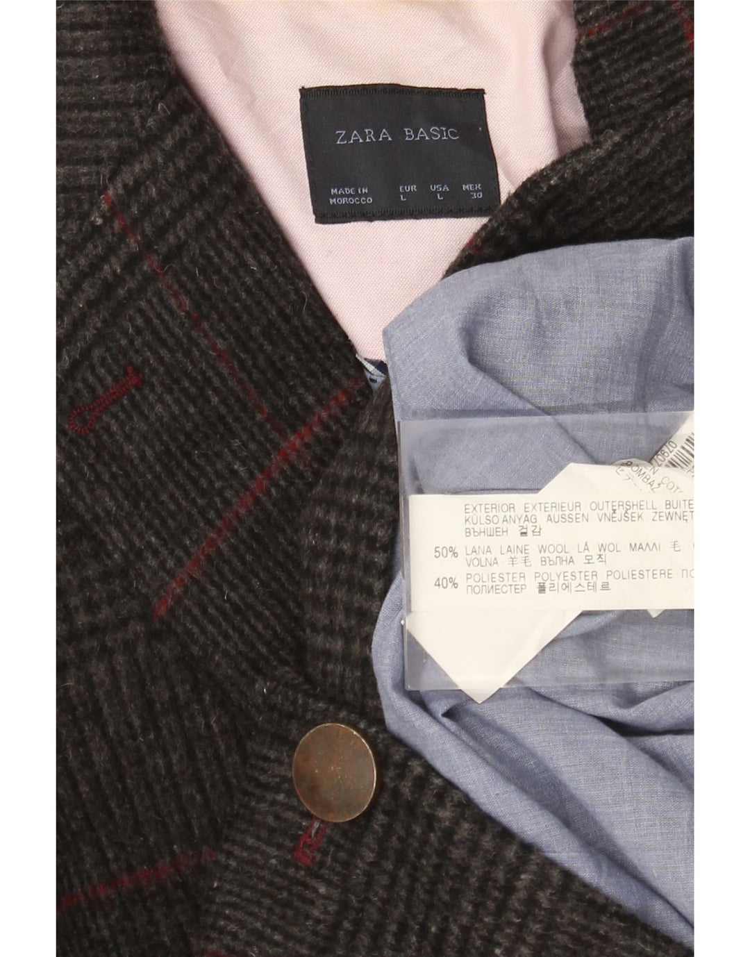 Zara Damen 1-Knopf-Blazerjacke UK 14 Große grau karierte Wolle