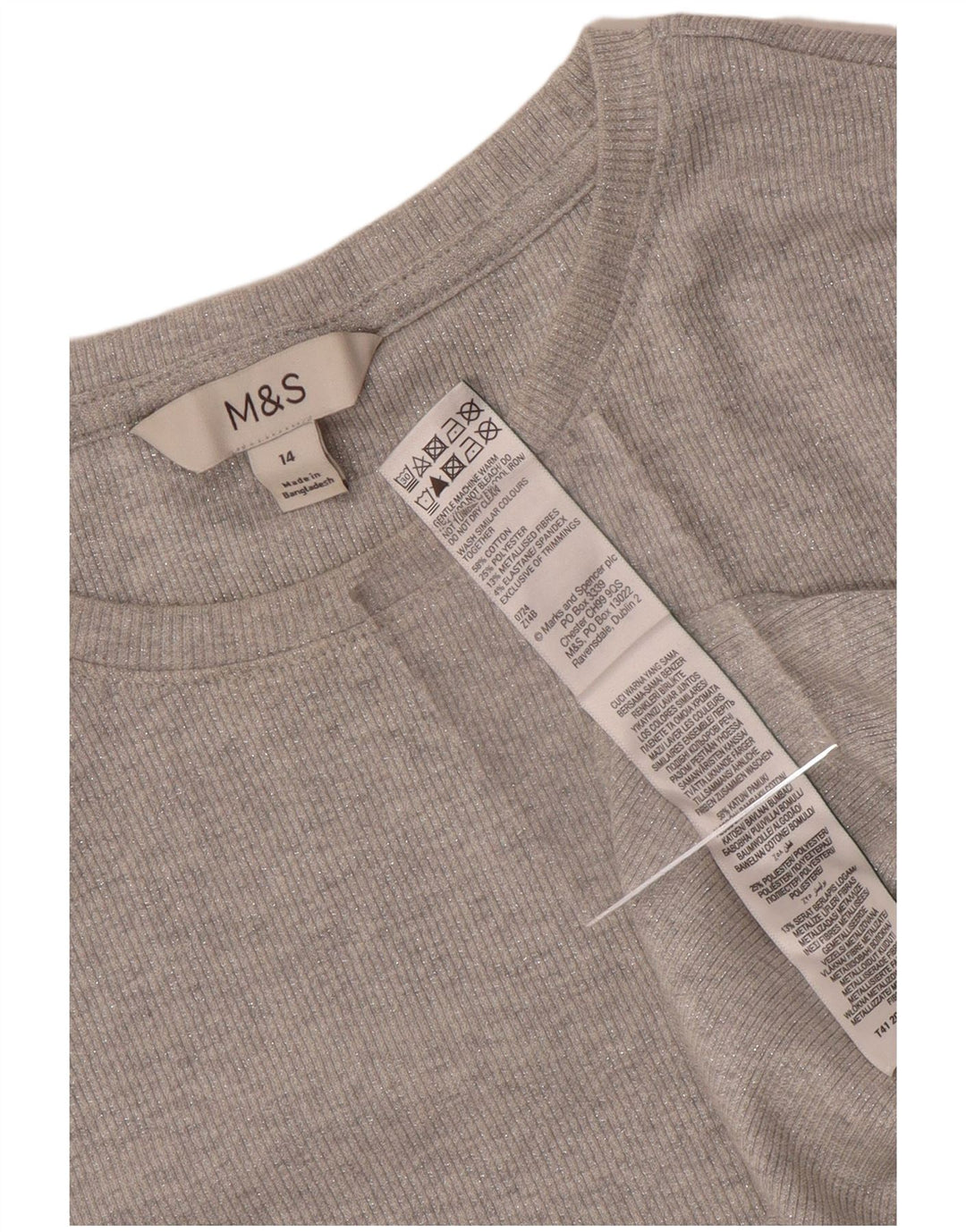 Marks & Spencer Damen Top Langarm UK 14 Mittelgraue Baumwolle