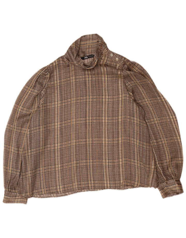 Zara Damen Pullover Langarm-Hemdbluse UK 16 Large Brown Check