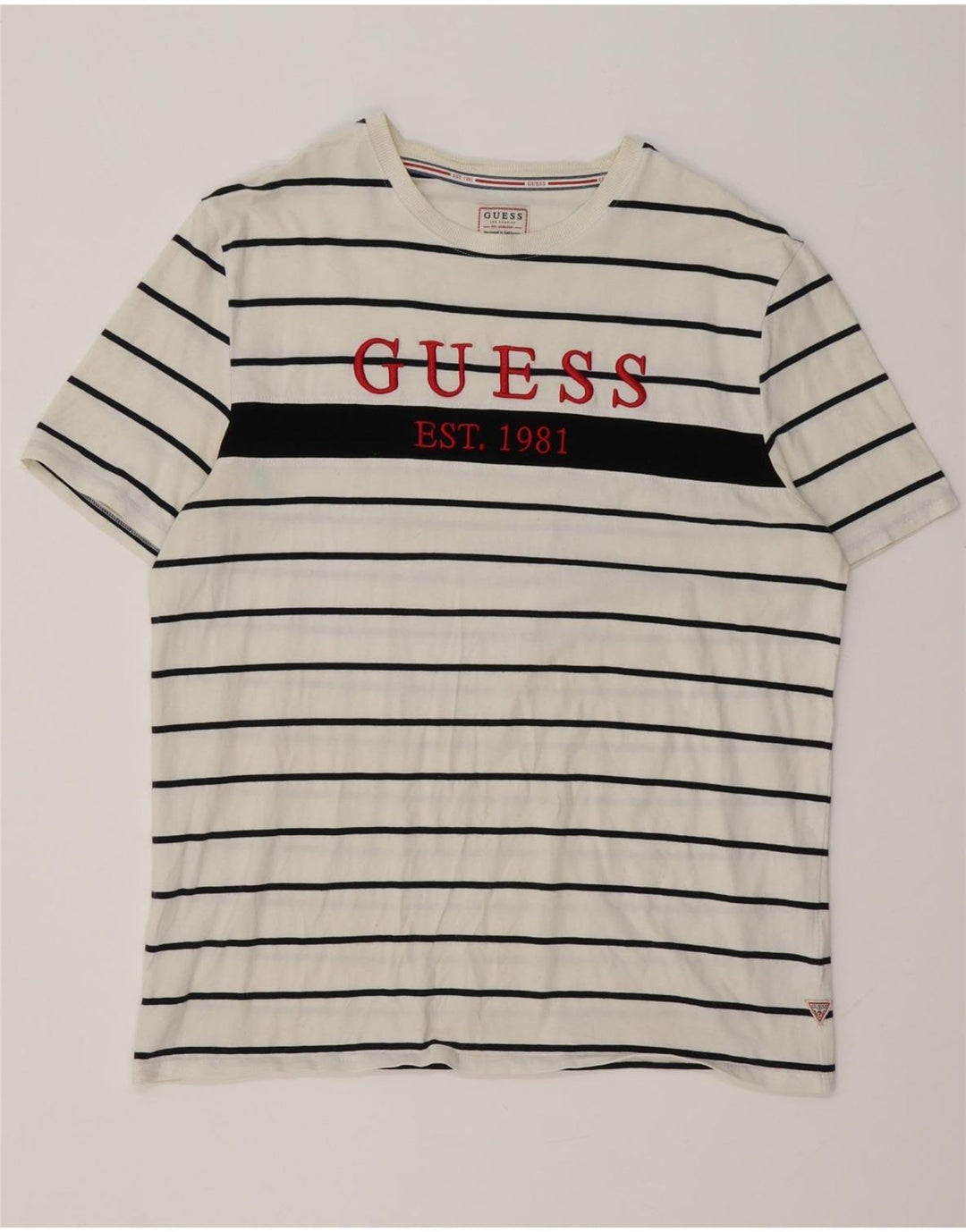 GUESS Mens Regular Fit Graphic T-Shirt Top Large White Striped Cotton