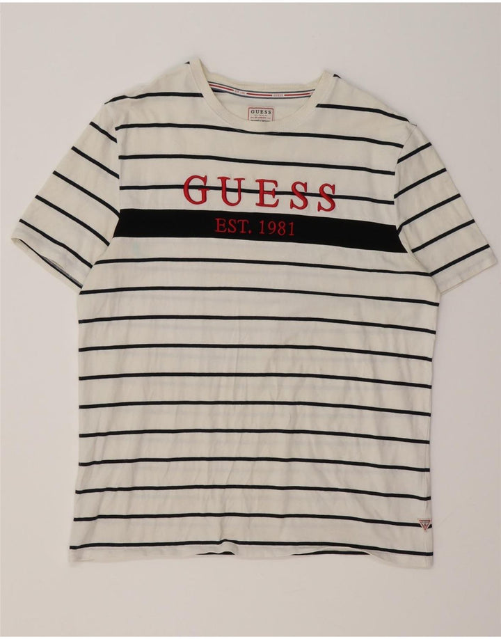 GUESS Mens Regular Fit Graphic T-Shirt Top Large White Striped Cotton