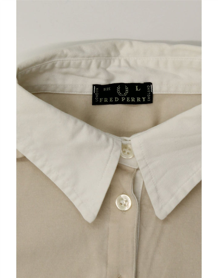 FRED PERRY Damen-Pulloverhemd mit 3/4-Ärmeln, UK 14, Größe L, Beige, Farbblock