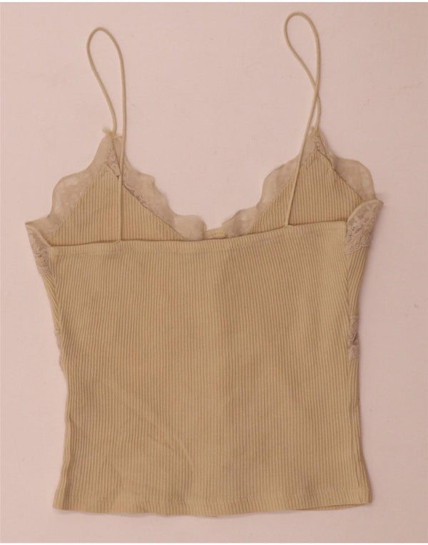 Zara Damen Crop Cami Top UK 8 Small Beige Floral Cotton