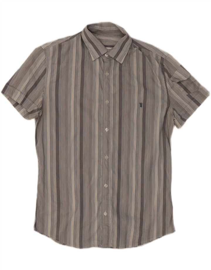 TRUSSARDI Mens Short Sleeve Shirt Size 40 Medium Grey Striped Cotton Vintage Trussardi and Second-Hand Trussardi from Messina Hembry 