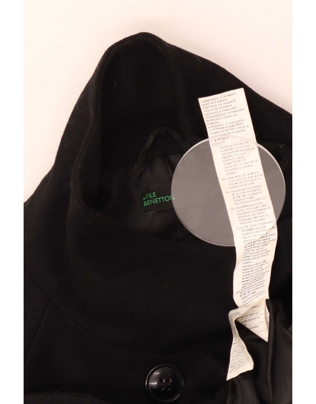 Benetton Damen Pea Coat IT 46 Große schwarze Wolle
