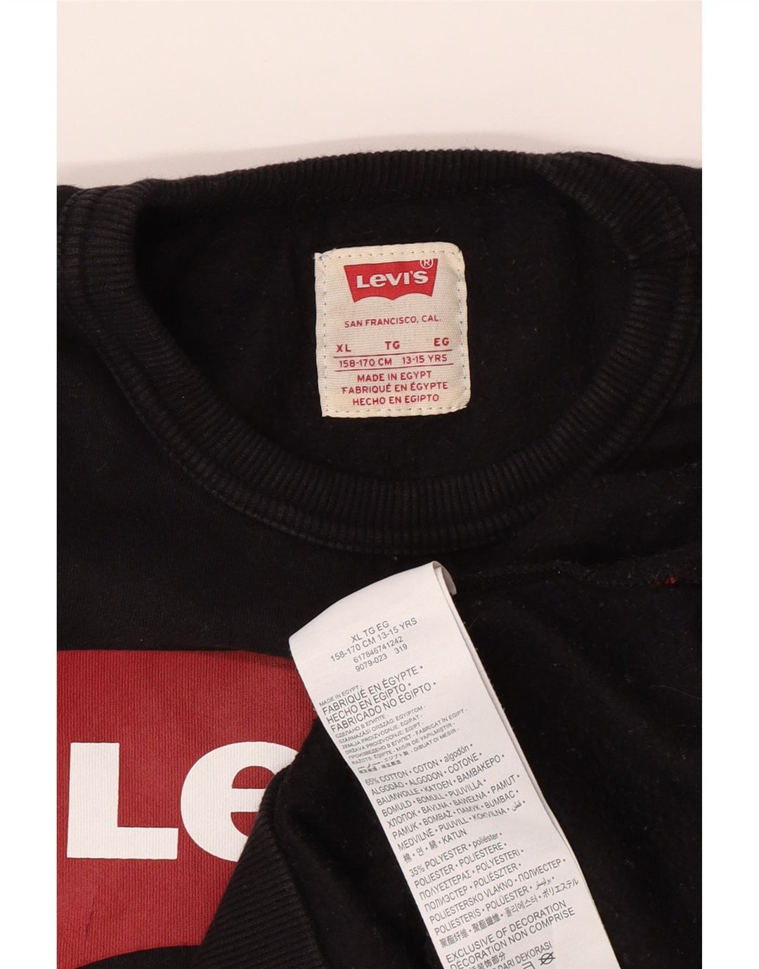 LEVI'S Boys Graphic Sweatshirt Jumper 13-14 Years XL  Black Cotton Vintage Levi's and Second-Hand Levi's from Messina Hembry 