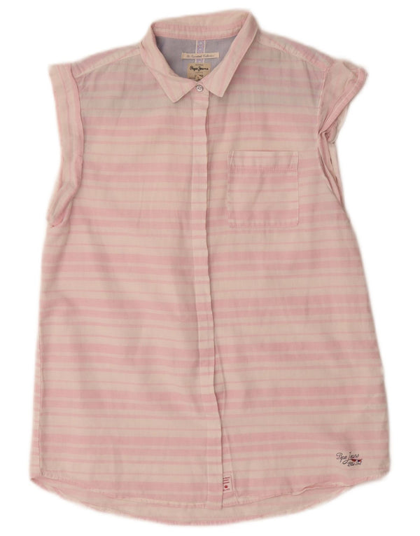 PEPE Jeans Damen Kurzarm-Oversize-Hemd UK 6 XS Rosa gestreiftes Leinen