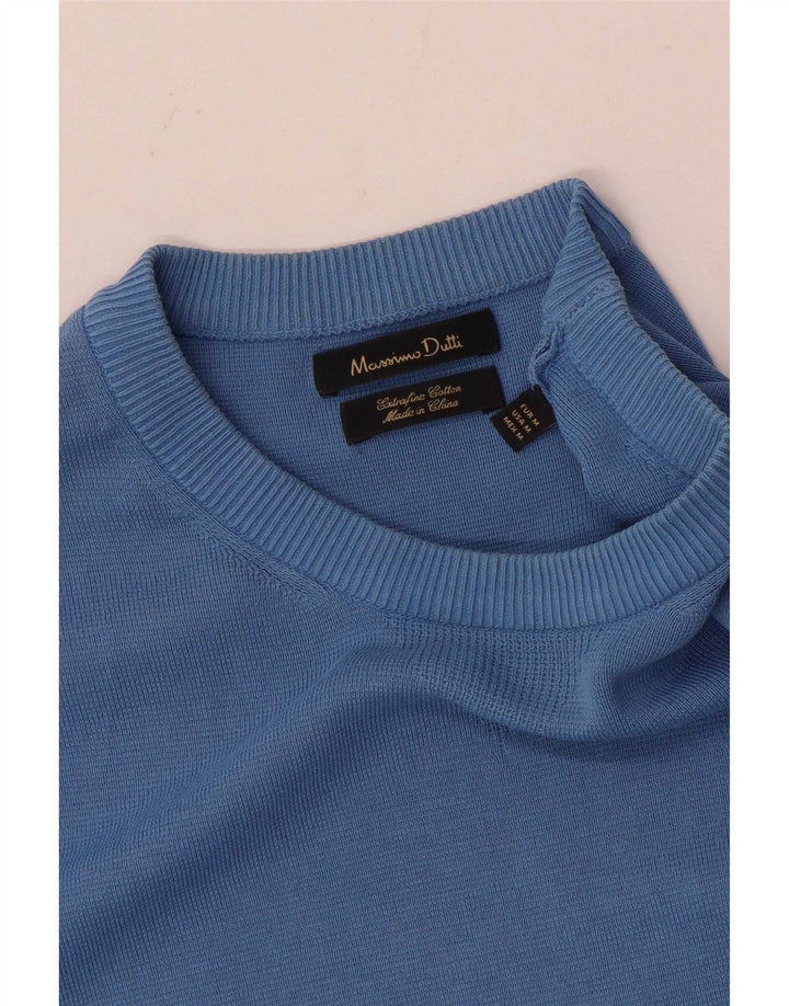 Massimo Dutti Herren-Pullover mit Rundhalsausschnitt, mittelblaue Baumwolle