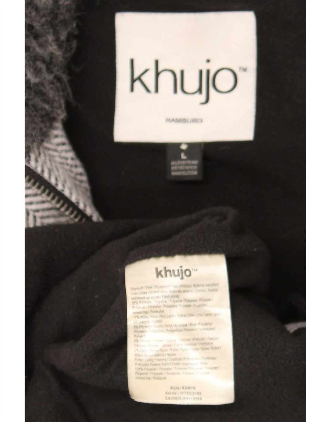 KHUJO Damen-Parka mit Kapuze, UK 14, Größe L, grau, Fischgrätenmuster, Polyester