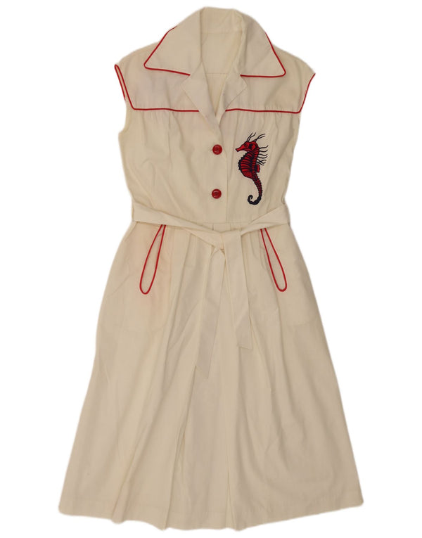 Vintage Damen Grafisches ärmelloses A-Linien-Kleid UK 12 Mittelweiß