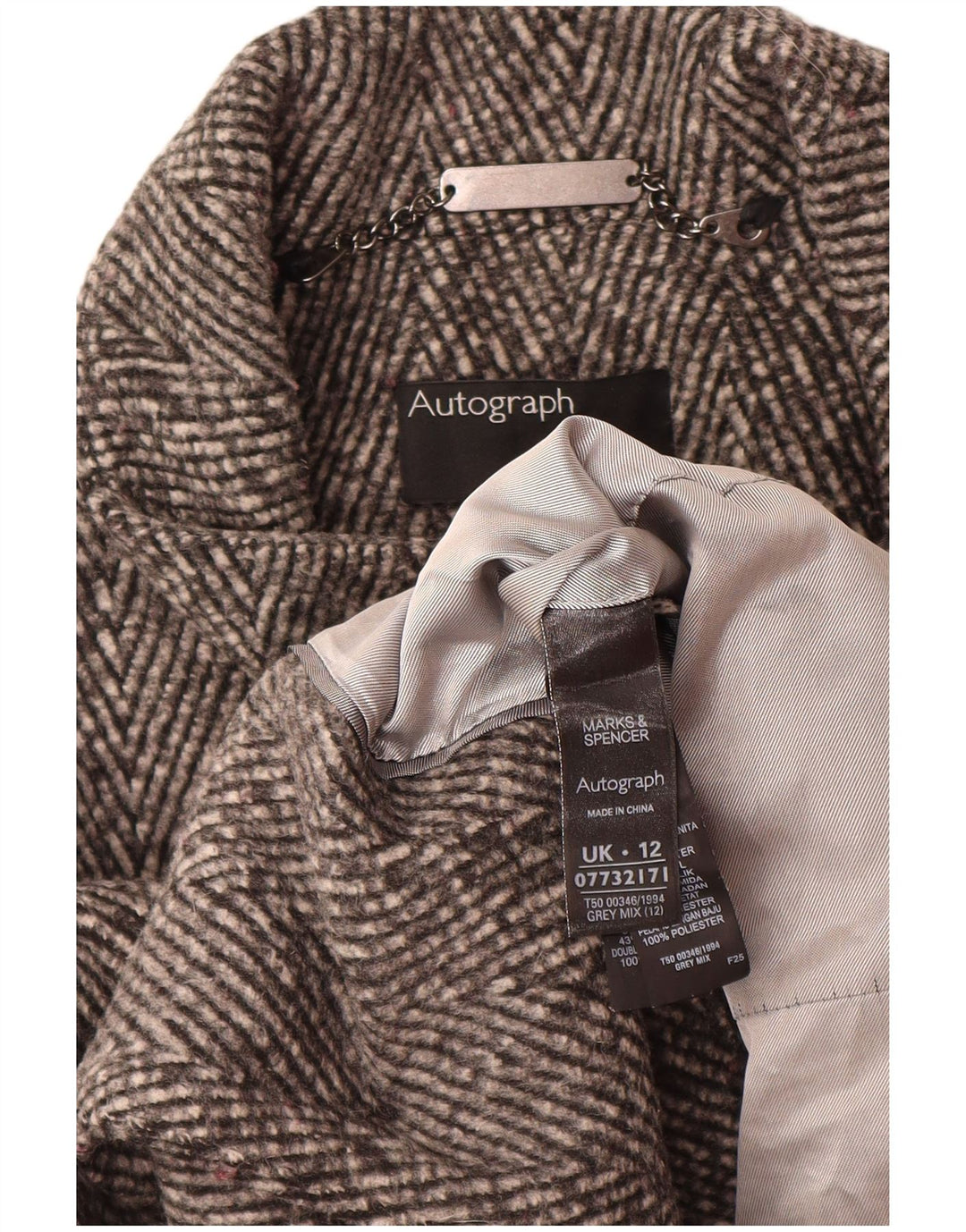 Marks & Spencer Womens Autograph Overcoat UK 12 Mittelgrauer Fischgrätenmuster