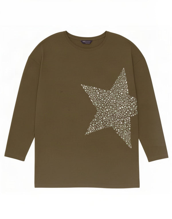 Marks & Spencer Womens Abstract Pattern Top Langarm UK 14 Large Khaki