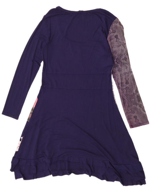Desigual Damen Grafik-Langarm-A-Linien-Kleid UK 18 XL Marineblau mit Blumenmuster