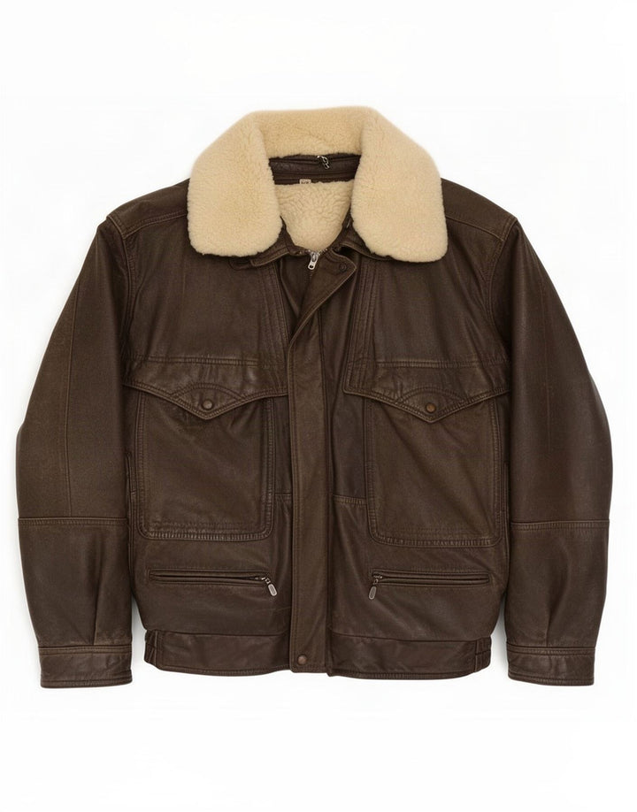 Vintage Herren Leder-Shearling-Jacke IT 48 Mittelbraun