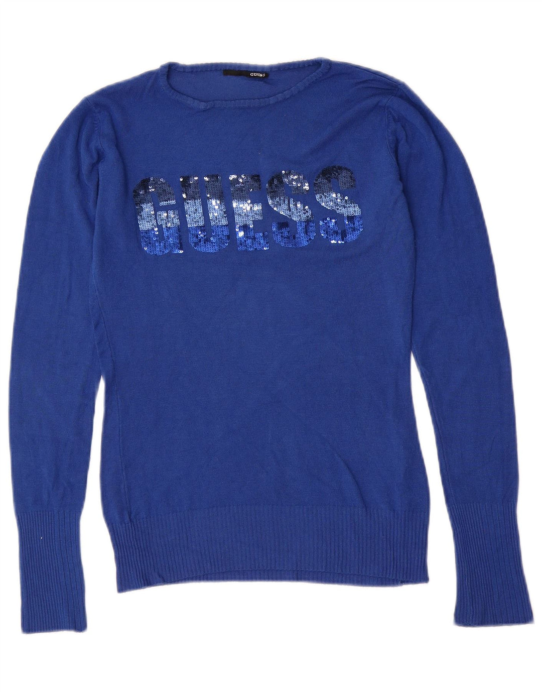 GUESS Damen Pullover mit grafischem U-Boot-Ausschnitt, UK 12, mittelblaue Viskose