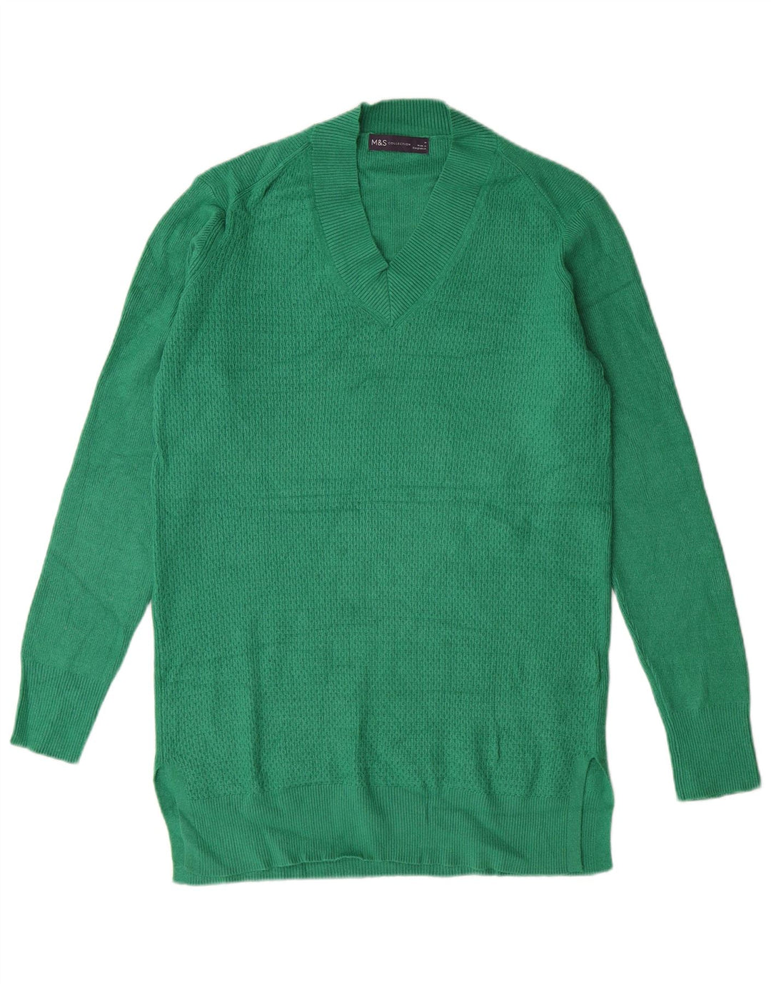 MARKS & SPENCER Langer Damen-Pullover mit V-Ausschnitt, Gr. 14, Mittelgrün